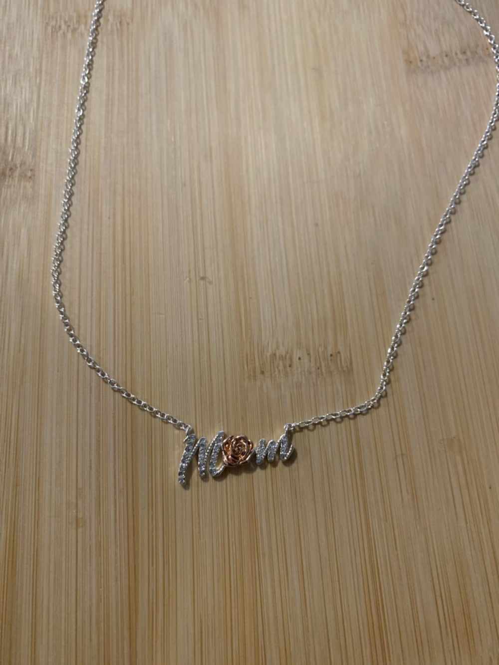 NWT ‘Mom' Script Pendant Necklace with Rose Accent - Silver Plated and Rose Gold